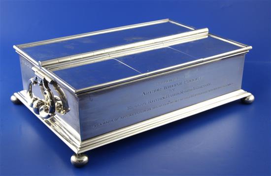 A George V silver two handled treasury desk stand, 105 oz.